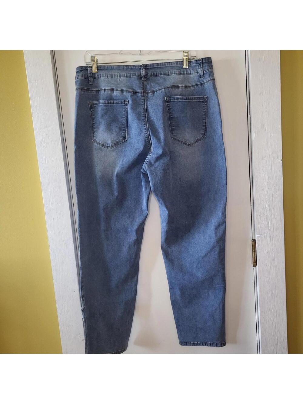 women's blue high-rise straight ankle jeans medium wash unique raw-edged hem XL - Picture 3 of 9